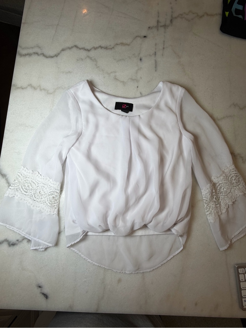 Iz Byer White Lace-Trim Chiffon Blouse